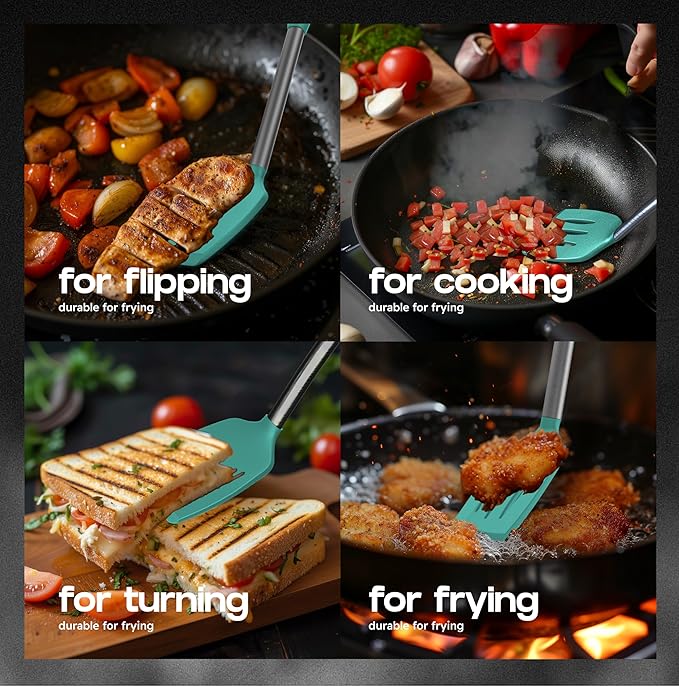BakeRoyal Silicone Spatula Set - Turner Spatulas Silicone Heat Resistant 600°F - Slotted & Solid Spatula for Cooking Fish, Eggs, Pancakes Flipper – Spatulas for kitchen use – Turquoise - Image 3