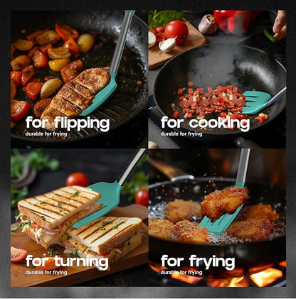 BakeRoyal Silicone Spatula Set - Turner Spatulas Silicone Heat Resistant 600°F - Slotted & Solid Spatula for Cooking Fish, Eggs, Pancakes Flipper – Spatulas for kitchen use – Turquoise - Image 3