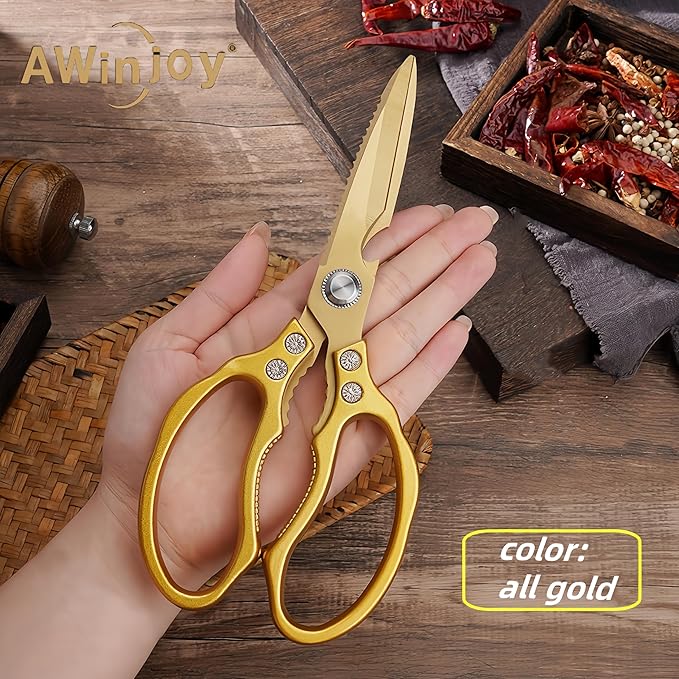 AWinjoy Japanese Gold Kitchen Scissors, Heavy Duty Stainless Steel, Multipurpose Cooking Shears, Dishwasher Safe - Image 2