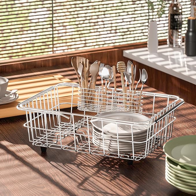 NiuYichee 304 Stainless Steel Utensil Holder, Dish Drying Rack, kitchen Utensil Organizer, Knife and Fork Drainage Rack, Kitchen Drainage Basket Accessories, With Hooks, Rust Proof, Color-Silver - Image 4