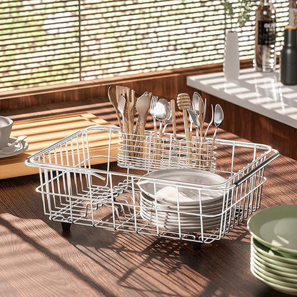 NiuYichee 304 Stainless Steel Utensil Holder, Dish Drying Rack, kitchen Utensil Organizer, Knife and Fork Drainage Rack, Kitchen Drainage Basket Accessories, With Hooks, Rust Proof, Color-Silver - Image 4