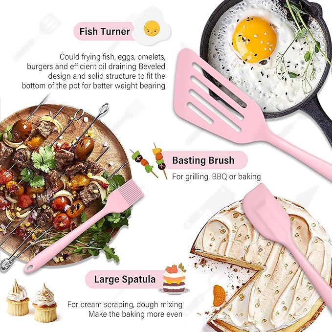 HaWare 11 PCS Silicone Cooking Utensils Set, Heat Resistant Kitchen Utensils with Holder, Food-grade Spatula Sets for Nonstick Cookware, Kitchen Tools Gadgets Include Fish Turner, Spoon (Pink) - Image 6