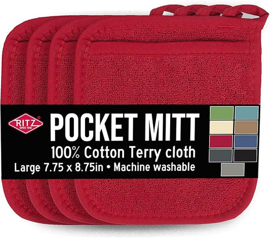 RITZ Terry Pocket Mitt & Hot Pad: Unparalleled Heat Resistant, Durable 100% Cotton – Ergonomically Designed for Optimal Grip – Easy-Care Machine Washable – 4-Pack, Paprika Red by Ritz+Foodservice