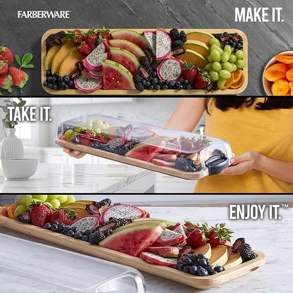 FARBERWARE Rectangular Build-a-Board Cutting Board with Single Compartment and Clear Locking Lid for Charcuterie, Snacks, and More, Bamboo
