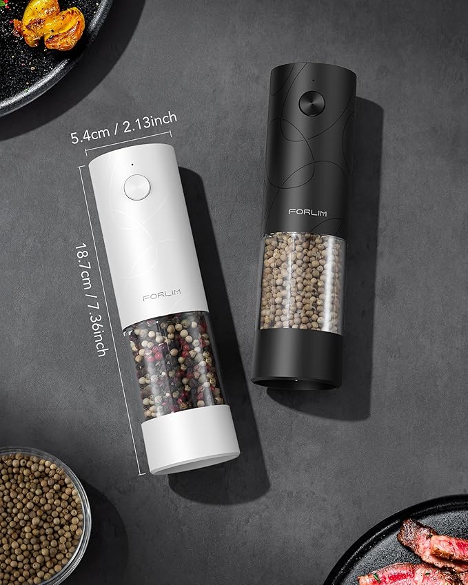 FORLIM Electric Salt and Pepper Grinder Set, USB Rechargeable, Automatic Salt Pepper Mill Grinder with Dust Cover, One-Button Control, Adjustable Coarseness, White LED Light (2 Packs, Black) - Image 8