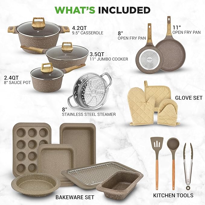 Nutrichef 22-Piece Marble Non-Stick Cookware and Bakeware Set - Professional Home Kitchen Collection with Multi-Sized Pots, Pans, and Heat-Resistant Tools - Image 2