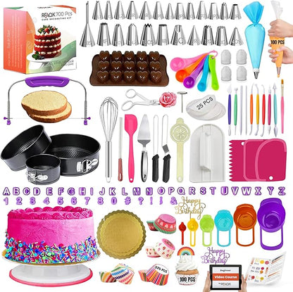 RFAQK 700PCs Cake Decorating Kit with Baking Supplies - Cake Turntable for Decorating with Baking Pans, Leveler, 24 Numbered Piping Tips, 2 Spatulas, Fondant Tools, Video Course, Pattern Chart & More by RFAQK