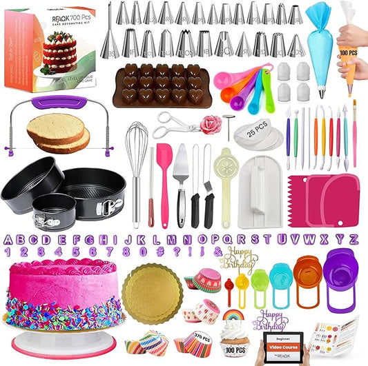 RFAQK 700PCs Cake Decorating Kit with Baking Supplies - Cake Turntable for Decorating with Baking Pans, Leveler, 24 Numbered Piping Tips, 2 Spatulas, Fondant Tools, Video Course, Pattern Chart & More by RFAQK