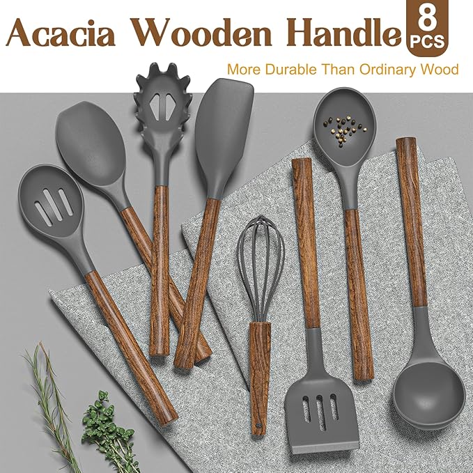 Umite Chef Silicone Cooking Utensil Set, 8-Piece Kitchen Utensils Set with Natural Acacia Wooden Handles,Food-Grade-Silicone Kitchen Gadgets and Spatula Set for Nonstick Cookware - Grey - Image 5