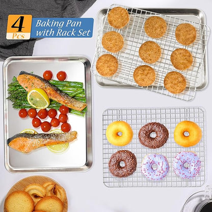 TeamFar Baking Pan with Rack Set (2 Pans + 2 Racks), Stainless Steel Cookies Sheet Baking Tray Pan with Grid Cooling Rack for Toaster Oven, Healthy & Heavy-Duty, Dishwasher Safe, 12.5 x 9.5 x 1 Inch