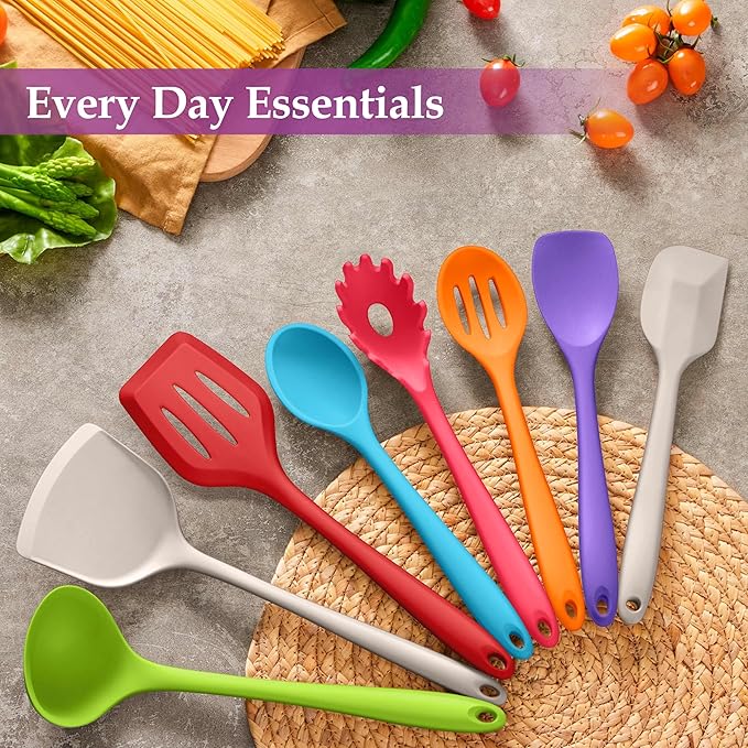 LIANYU 8Pcs Kitchen Cooking Utensils Set, Silicone Utensils Spatula Set, Heat Resistant Cooking Gadgets for Nonstick Cookware, Include Silicone Spoon, Turner, Spatula, Ladle, Multi-Color - Image 3