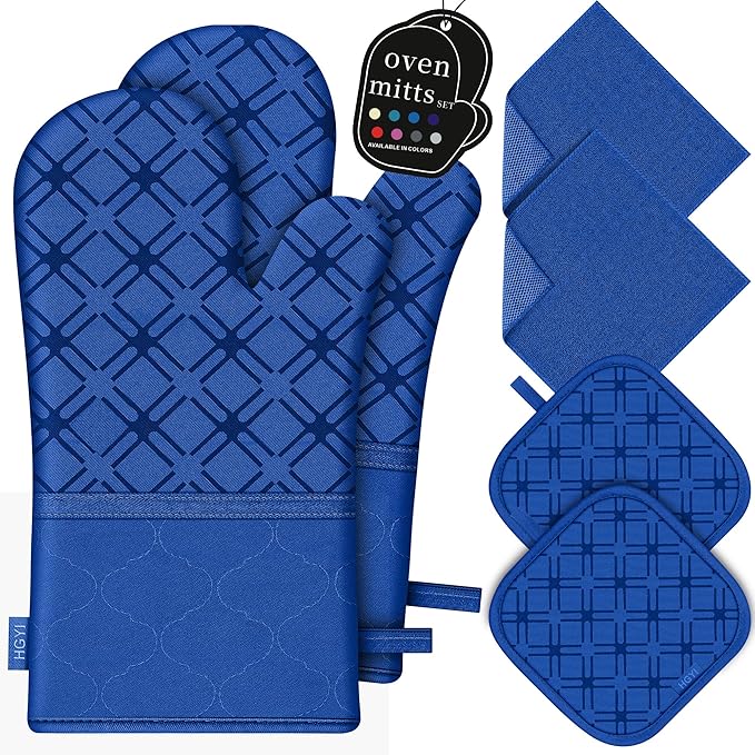 Oven Mitts and Pot Holders Set with Dishcloths, 500 Degree Heat Resistant Oven Gloves and Hot Pads, Premium Soft Cotton Kitchen Mittens and Dish Cloth Sets-Royal Blue by HGYI