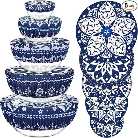 5 Pieces Bowl Covers Reusable, 5 Size Elastic Cloth Bowl Covers for Bread Proofing Stretch Food Covers Washable for Food Fruits Leftover (Geometric Floral) by Revahope