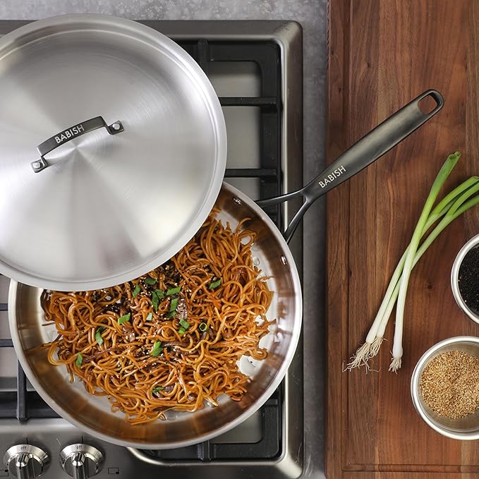 Babish 12-Inch Tri-Ply Stainless Steel Frying Pan with Lid & Black Handle – Professional Grade Skillet for Searing, Sautéing & Even Heat Cooking - Image 2