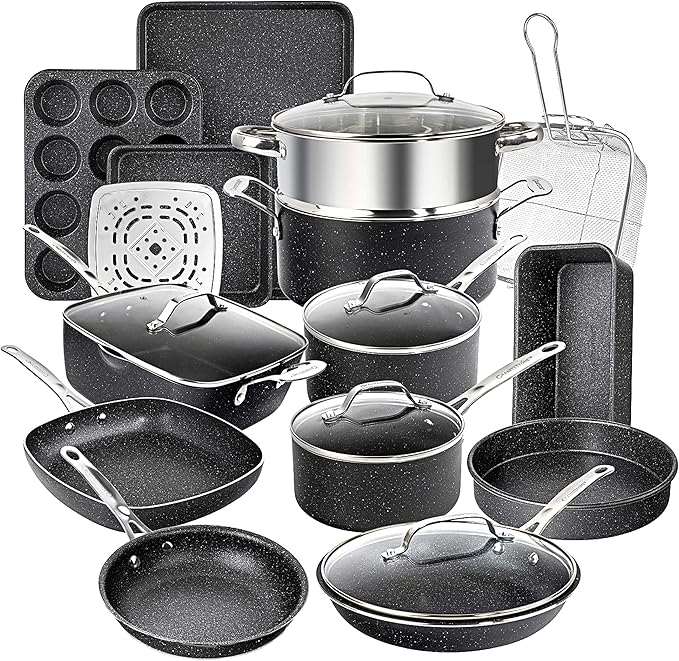 Granitestone 20 Pc Pots and Pans Set Nonstick Kitchen Cookware Set with Frying Pan, Bakeware & Steamer, Diamond Infused, Non Toxic PFOA PFOS Free, Metal Utensil Safe, Oven & Dishwasher Safe, Black by Granitestone+