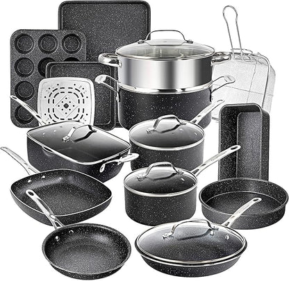 Granitestone 20 Pc Pots and Pans Set Nonstick Kitchen Cookware Set with Frying Pan, Bakeware & Steamer, Diamond Infused, Non Toxic PFOA PFOS Free, Metal Utensil Safe, Oven & Dishwasher Safe, Black by Granitestone+