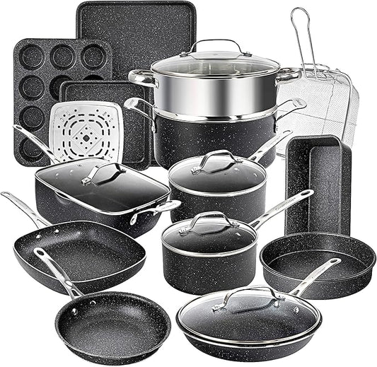 Granitestone 20 Pc Pots and Pans Set Nonstick Kitchen Cookware Set with Frying Pan, Bakeware & Steamer, Diamond Infused, Non Toxic PFOA PFOS Free, Metal Utensil Safe, Oven & Dishwasher Safe, Black by Granitestone+