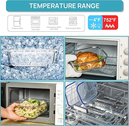 Vtopmart 2Pack 2260ml/ 76.4oz Large Glass Storage Containers with Lids, Meal Prep Food Container Set with Snap Airtight Lid for Baking, Microwave, Oven, Leak Proof, for Freezer, Dishwasher, Blue