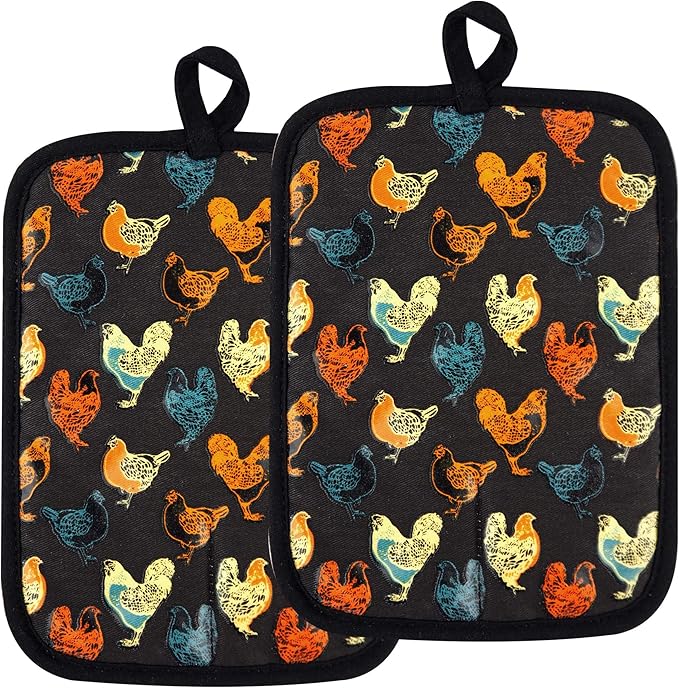 Pot Holders Set of 2 Heat Resistant 480 ℉Non Slip Clear Silicone Printed Comfortable Cotton Lining Kitchen Women Men Cooking Baking Microwave Machine Washable (Rooster, Black Potholders)