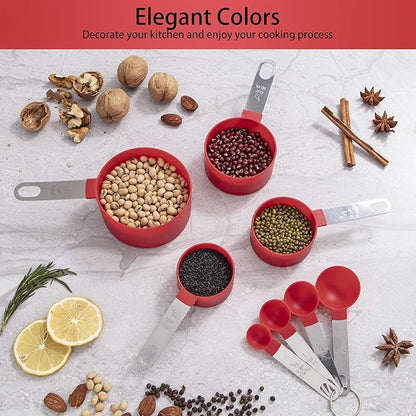 Measuring Cups and Spoons Set of Huygens Kitchen Gadgets 10 Pieces, Stackable Stainless Steel Handle Measuring Cups for Measuring Dry and Liquid Ingredient (Red) - Image 6
