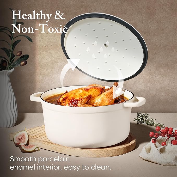CAROTE 7QT Enameled Cast Iron Dutch Oven Pot with Lid, Heavy-Duty Dutch Ovens for Sourdough Bread Baking, Braising, Stews, Roasting, Healthy & Non-Toxic, Dual Handles, All Stovetop Compatible, Oven Safe up to 500° F, Cream White - Image 4