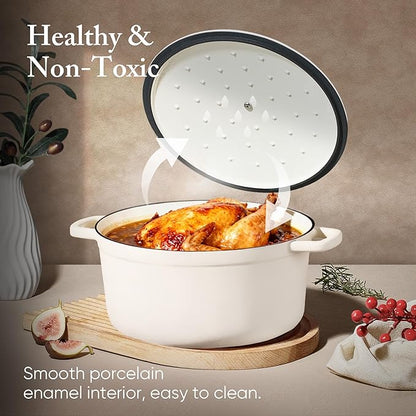 CAROTE 7QT Enameled Cast Iron Dutch Oven Pot with Lid, Heavy-Duty Dutch Ovens for Sourdough Bread Baking, Braising, Stews, Roasting, Healthy & Non-Toxic, Dual Handles, All Stovetop Compatible, Oven Safe up to 500° F, Cream White - Image 4