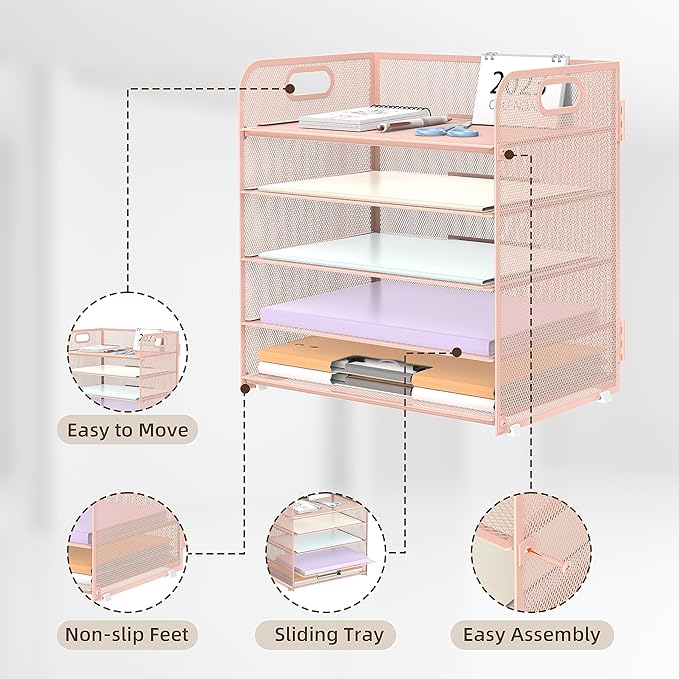 Supeasy 5 Trays Paper Organizer Letter Tray with Handle-Mesh Desk File Holders, Paper Sorter Desk Organizer for Office, Home, Classroom or School, Pink - Image 3