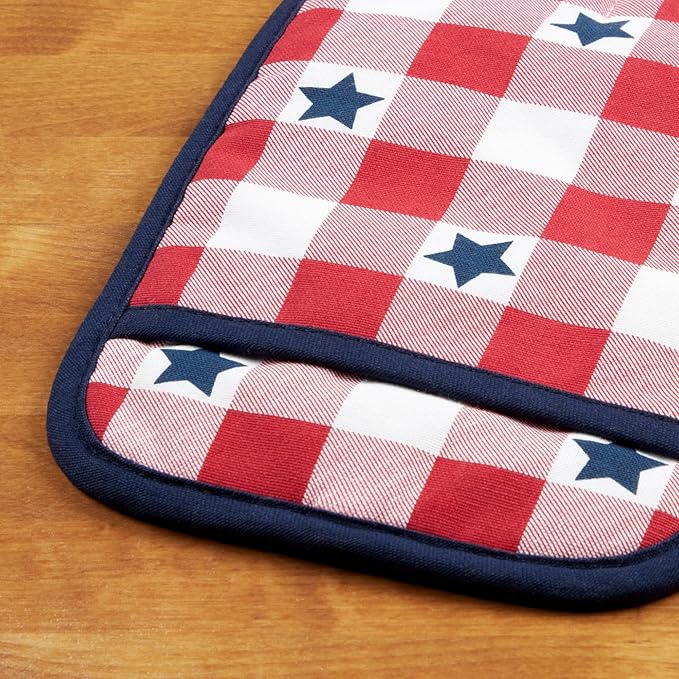 MARTHA STEWART Americana Star Gihgham Oven Mitt & Pot Holder Set, 100% Cotton, Heat Resistant, Patriotic USA America Decor, Red/White/Blue, 7"x13" & 7"x10" - Image 5