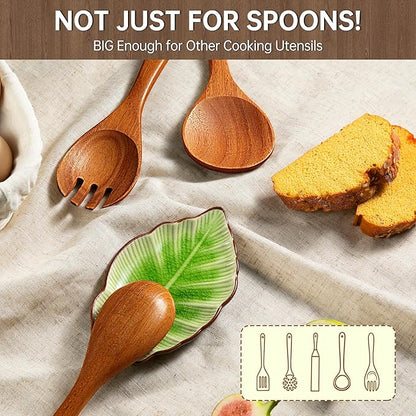 Wooden Utensil Set 11 Pcs - Natural Non-Toxic Acacia Wooden Spoons for Cooking, Nonstick, Sturdy, Easy to Clean, Wood Kitchen Utensils Set with Ceramic Spoon Rest & 10 Hooks, Ideal for Gifting