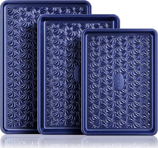 HONGBAKE Nonstick Baking Sheet Pan Set of 3, Cookie Sheets for Oven, Non-Toxic Half/Quarter/Jelly Roll Pans with Floral Swirl Texture, Heavy Duty 0.8mm Thick Oven Trays for Cooking, Blue by HONGBAKE