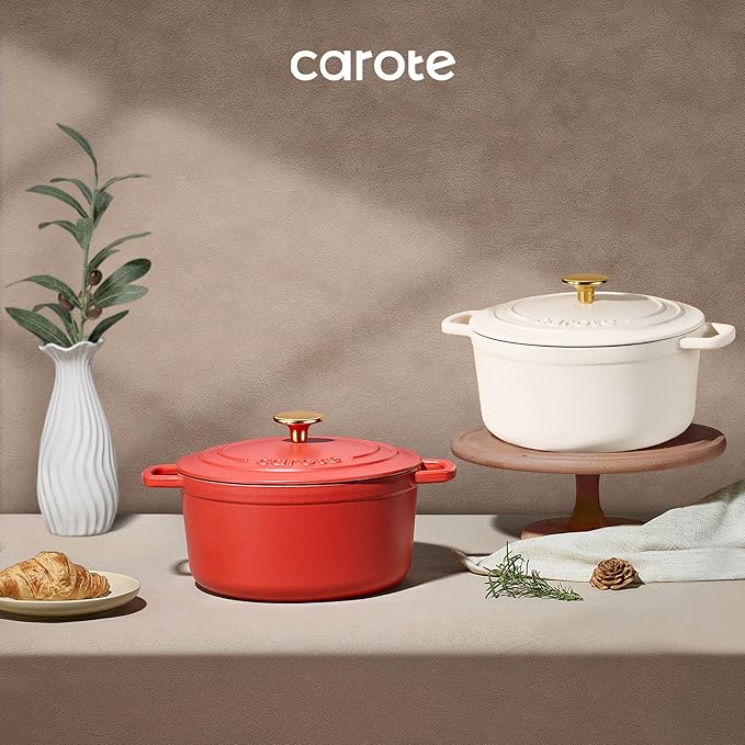CAROTE Enameled Cast Iron Dutch Oven Pot with Lid, 4 QT, Cream White - Image 7