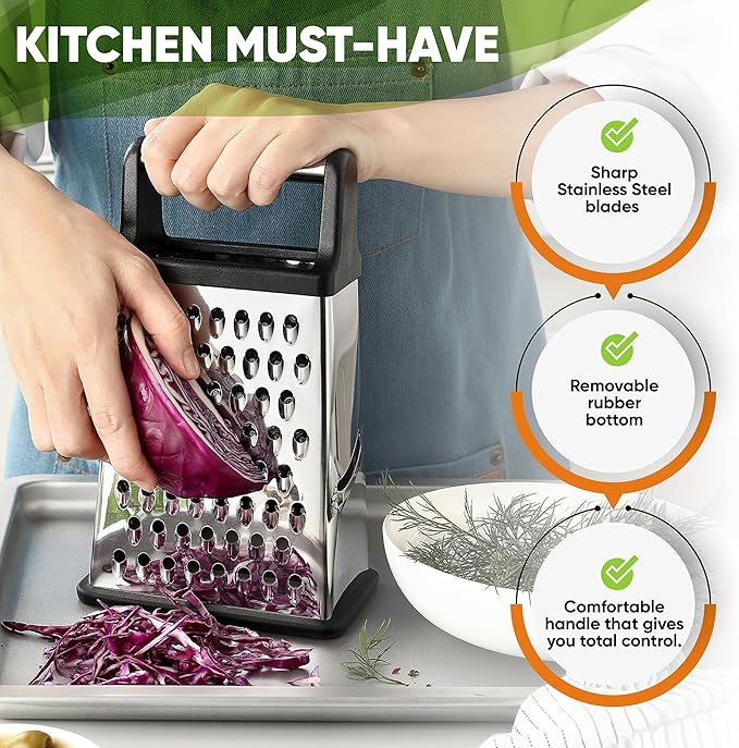 Spring Chef Professional Cheese Grater - Stainless Steel, XL Size, 4 Sides - Perfect Box Grater for Parmesan Cheese, Vegetables, Ginger - Dishwasher Safe - Black - Image 3