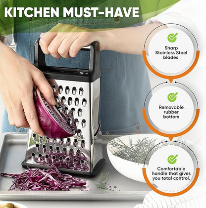 Spring Chef Professional Cheese Grater - Stainless Steel, XL Size, 4 Sides - Perfect Box Grater for Parmesan Cheese, Vegetables, Ginger - Dishwasher Safe - Black - Image 3