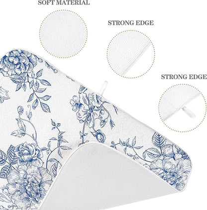 Chinoiserie Floral Dish Drying Mat 18 x 24 inch Vintage Blue Flower Decorative Drying Mats Microfiber Absorbent Dish Washable Draining Mat for Kitchen Counter Decor