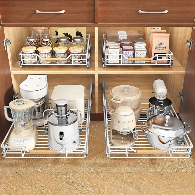Pull out Cabinet Organizer, 12"W X 21"D, Heavy Duty Smooth Sliding Under Cabinet Shelves for Pots and Pans, Full-Extension Roll out Drawers, Slide out Organization for Home Kitchen Pantry, White - Image 2
