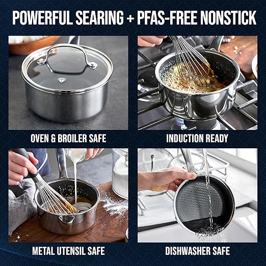 Blue Diamond Hybrid Nonstick Stainless Steel 2QT Saucepan with Glass Lid, PFAS-Free Ceramic Diamond Bond Pot, Dishwasher Safe, Stay-Cool Handle, Induction Ready, Compatible with All Cooktops - Image 5