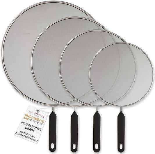 U.S. Kitchen Supply 4-Piece Stainless Steel Splatter Guard Set (13", 11.5", 10",8”) Fine Mesh Cover, Grease & Oil, Splatter Screen for Frying Pan, Cooking Pots, with Comfort Grip Handles by USKitchenSupply