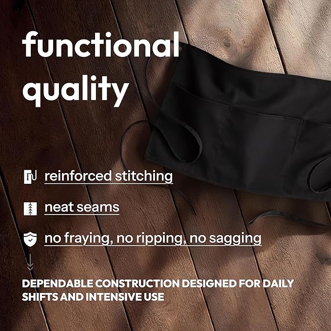 White Classic 12 Pack - Black Server Waist Aprons with 3 Pockets, Waitress Half Apron - Image 4