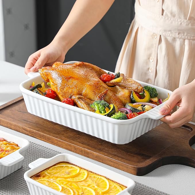 MALACASA Casserole Dishes for Oven, Porcelain Baking Dishes, Ceramic Bakeware Sets of 4, Rectangular Lasagna Pans Deep with Handles for Baking Cake Kitchen, White (9.4"/11.1"/12.2"/14.7"), Series - Image 8