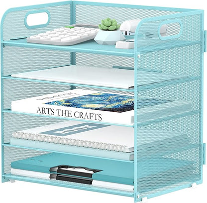 Supeasy 5 Trays Paper Organizer Letter Tray with Handle-Mesh Desk File Organizer, Paper Sorter Desk Organizer for Office, Home or School (Light Blue) by SUPEASY