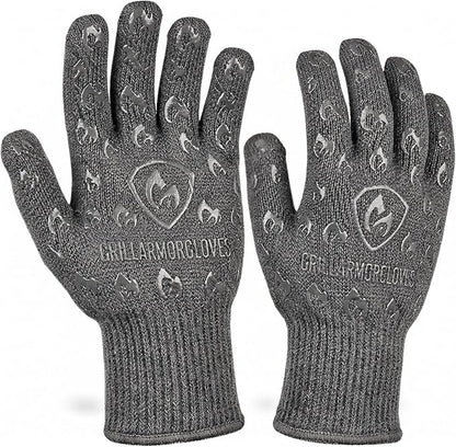 Oven Gloves with Fingers - 932°F Extreme Heat Proof and Cut Resistant Mitts for Kitchen, BBQ, Grill, Baking, Fire Pit - EN407 Certified with Non-Slip Silicone Grip and Cotton Lined for Comfort by GrillArmorGloves