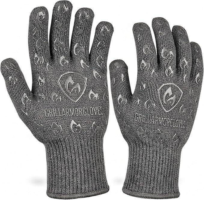 Oven Gloves with Fingers - 932°F Extreme Heat Proof and Cut Resistant Mitts for Kitchen, BBQ, Grill, Baking, Fire Pit - EN407 Certified with Non-Slip Silicone Grip and Cotton Lined for Comfort by GrillArmorGloves