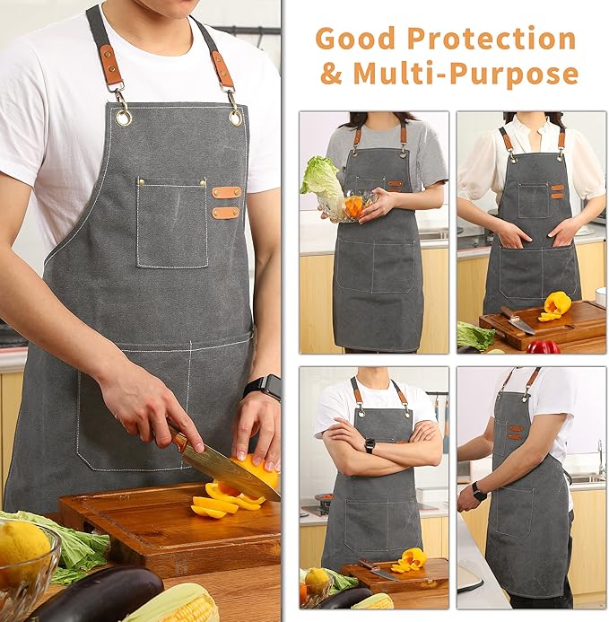 Tosewever Canvas Cross Back Chef Cotton Aprons for Men Women with Large Pockets - Image 4