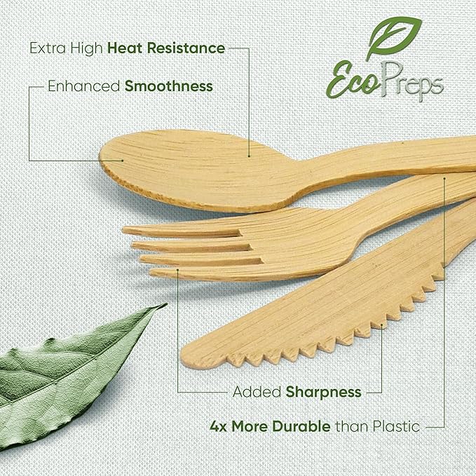 EcoPreps 100% Compostable Bamboo Cutlery Set (250 PCS - 125 Forks, 75 Spoons, 50 Knives) Eco-Friendly, Natural, Biodegradable Disposable Utensils Set | Bamboo Disposable Forks, Knives, and Spoons Sets - Image 2