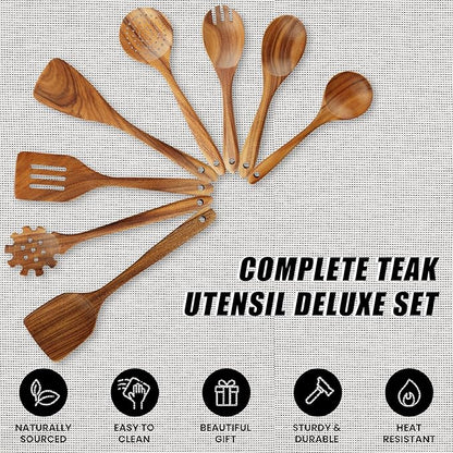FJNATINH Wooden Spoons for Cooking, 10 Pcs Teak Wooden Cooking Utensil Set with Holder, Wooden Kitchen Utensils Set for Nonstick Pans & Cookware - Image 4
