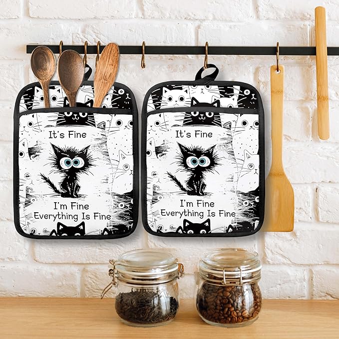Funny Black Cat Pot Holders with Pockets Set of 2, It's Fine Sarcastic Cat Oven Pot Holders Heat Resistant Oven Mitts Hot Pads for Kitchen Baking Cooking