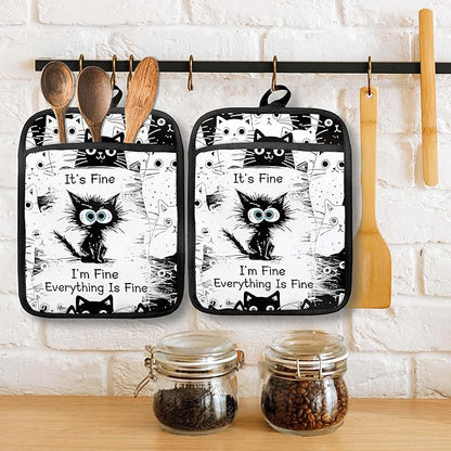 Funny Black Cat Pot Holders with Pockets Set of 2, It's Fine Sarcastic Cat Oven Pot Holders Heat Resistant Oven Mitts Hot Pads for Kitchen Baking Cooking
