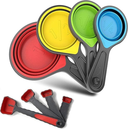 Collapsible Silicone Soft Measuring Cups and Measuring Spoons,8 pieces Portable Food Grade Silicone Measurement Cup for Liquid & Dry Measuring Baking &Utensils & Travel Measuring Cup，space saver by GrandFort