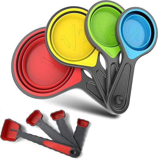Collapsible Silicone Soft Measuring Cups and Measuring Spoons,8 pieces Portable Food Grade Silicone Measurement Cup for Liquid & Dry Measuring Baking &Utensils & Travel Measuring Cup，space saver by GrandFort