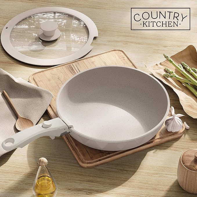 Country Kitchen Cookware Set with Removable Handle, Oven & RV Safe Pots and Pans Set, Cream Diamond, Original - Image 9